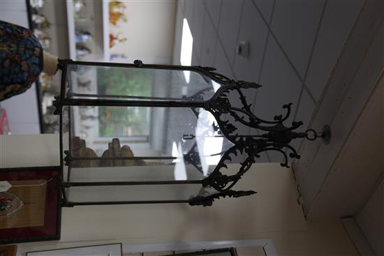 A pair of late 19th century hexagonal hall lanterns, 32 x 17.5in.